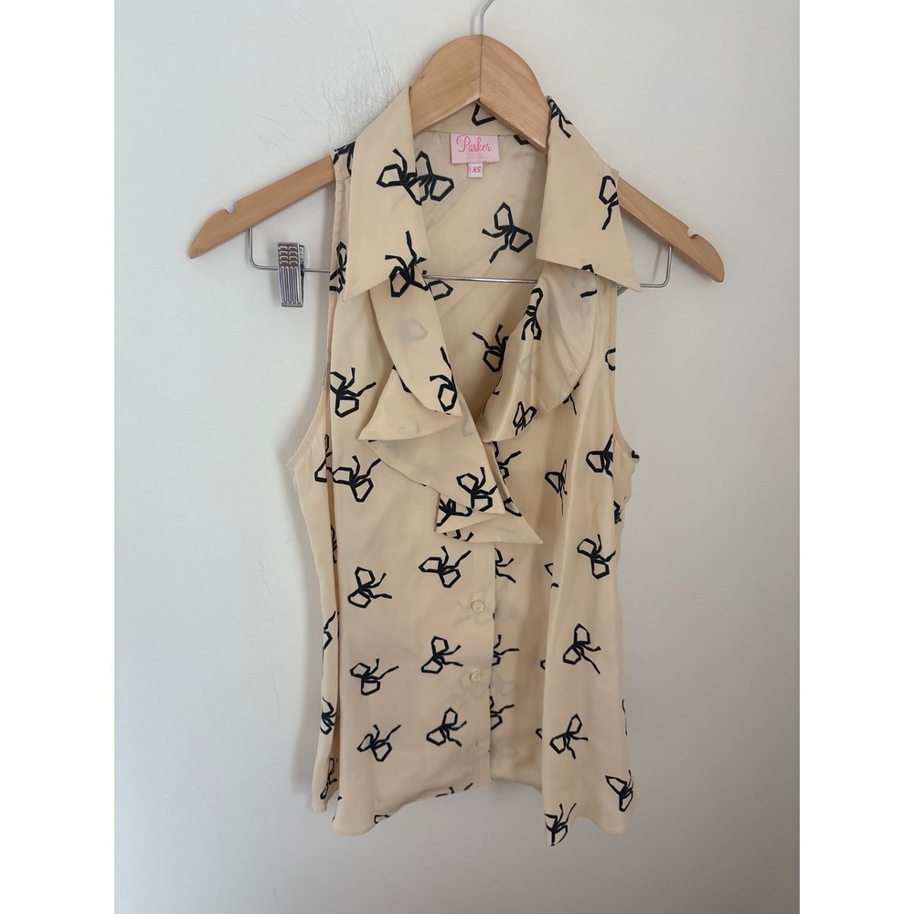 Parker Silk Sleeveless Ruffle Bow Print Blouse Cream Black XS Button Up Top